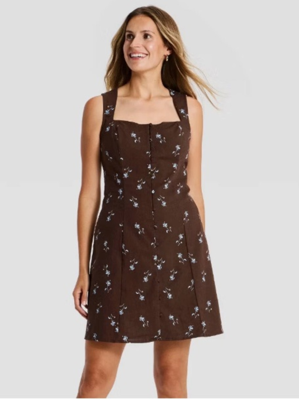Brown Floral Square-Neck Sundress